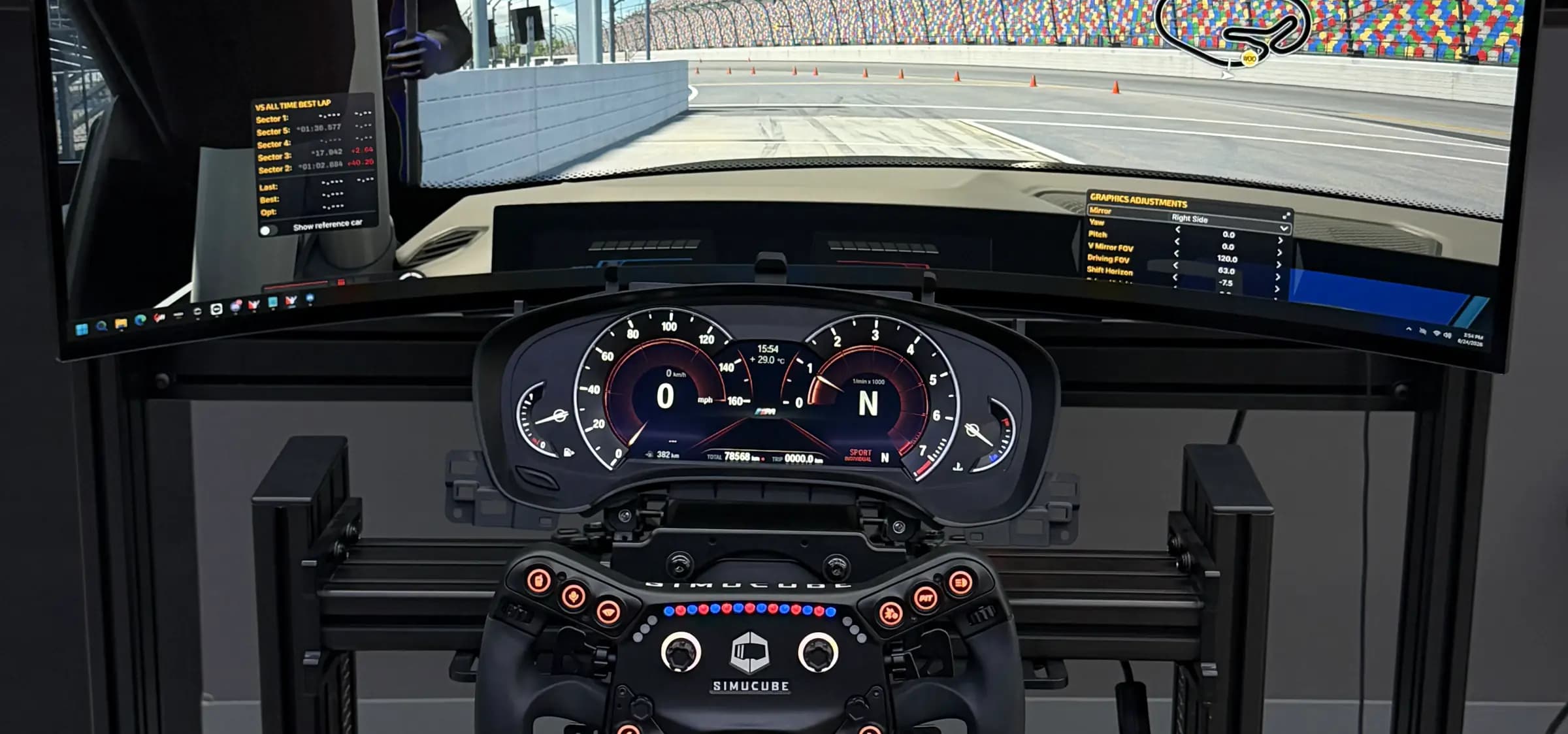 A genuine BMW instrument cluster mounted in a sim rig between the game on the monitor above it and a direct-drive wheel below, showing speed and gear from the running session.