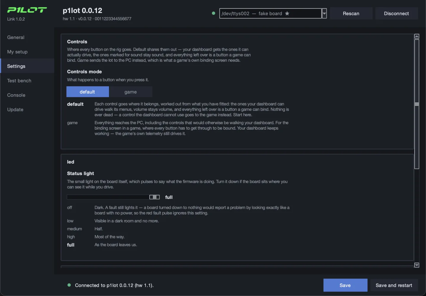The Settings page: the controls mode with default and game, each explained in a paragraph, and below it a slider for the brightness of the board’s status light with its five steps listed.