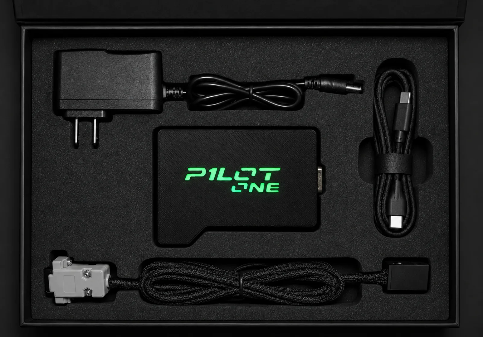 The open box: power supply, interface, USB-C cable and harness
